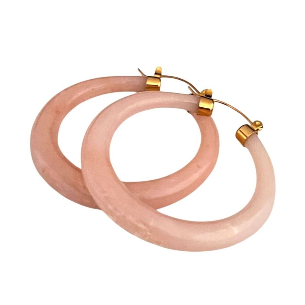 Vintage 1980s Lucite Hoop Earrings Pink Gold Tone Leverback - 8B